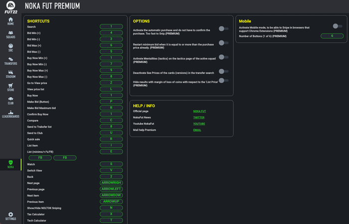 Panel de configuración de NokaFut dentro de la Web App
