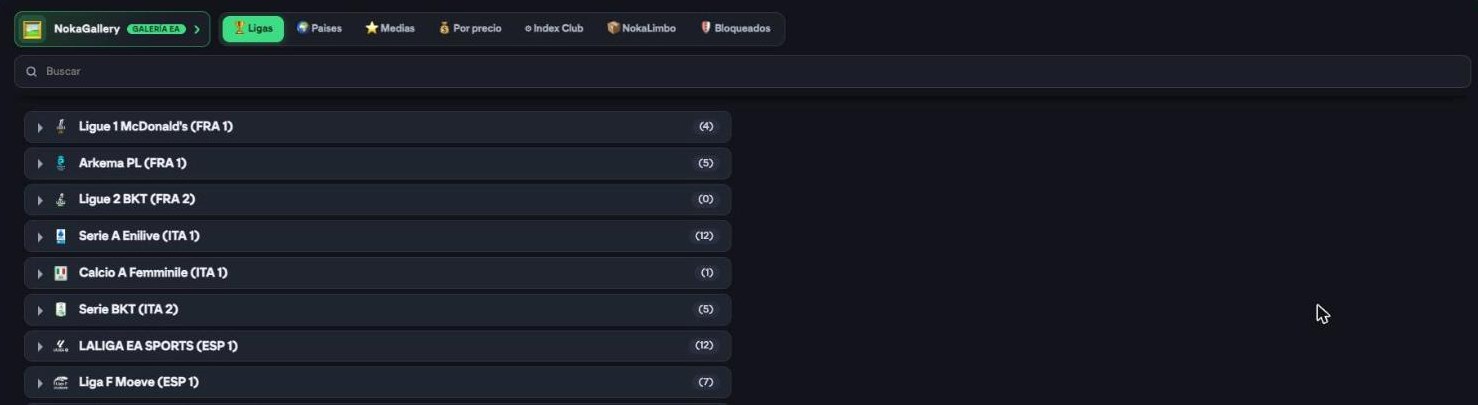 NokaClub con sus pestañas: ligas, países, medias, precio, Index Club, NokaLimbo y bloqueados