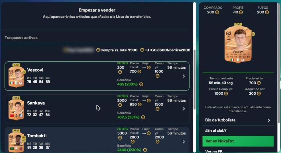 Lista de transferibles con el precio de FUTGG y el beneficio de cada carta