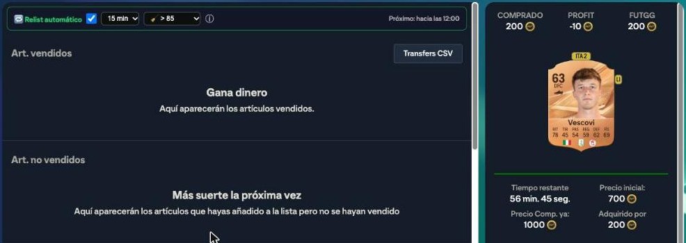 Lista de transferibles con el relist automático y el botón Transfers CSV