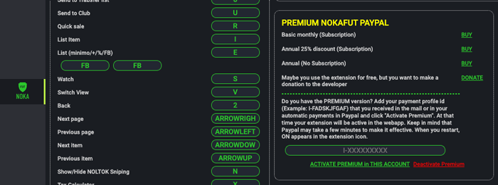 Sección Premium de la extensión NokaFut