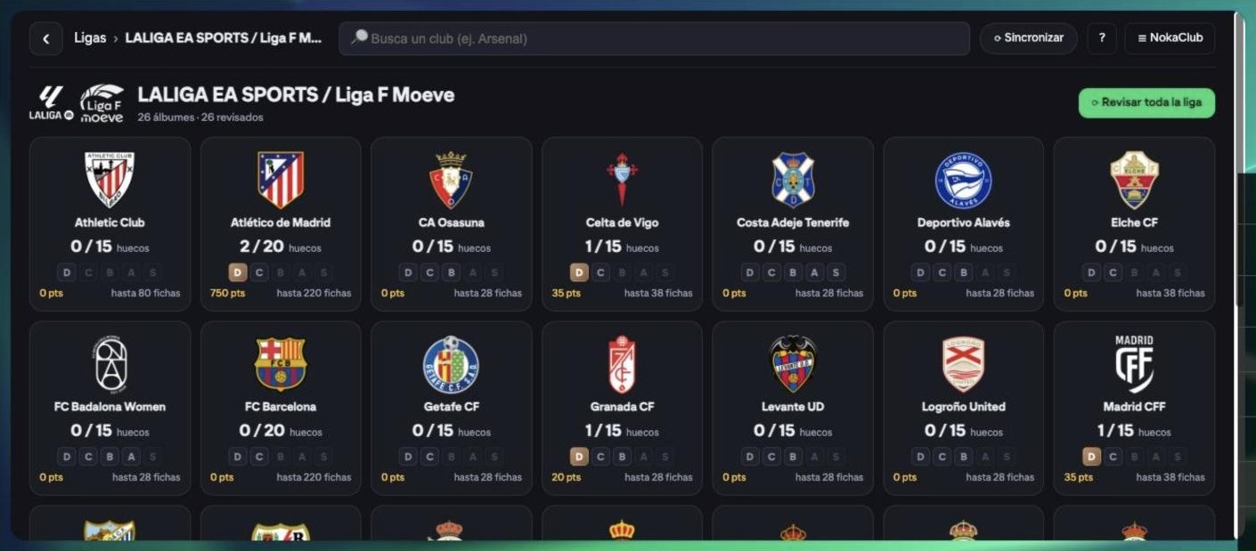 Álbumes de LALIGA y Liga F con huecos, notas y puntos