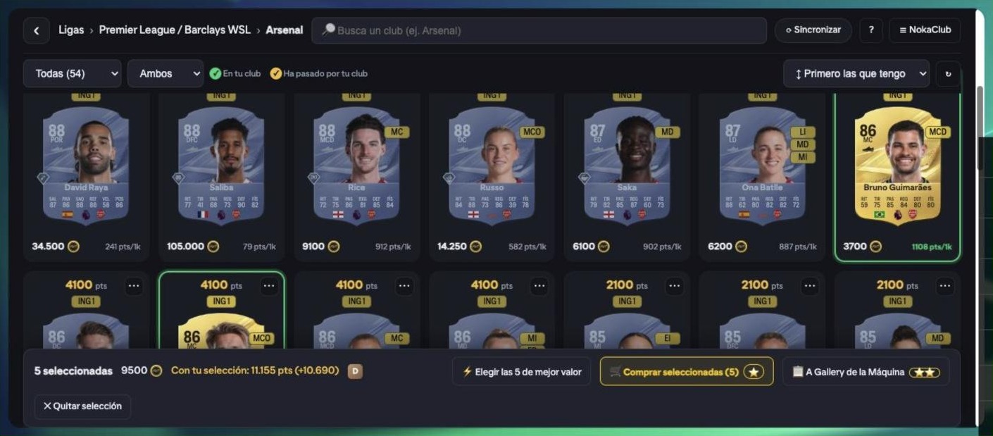 Cartas seleccionadas con la barra de selección
