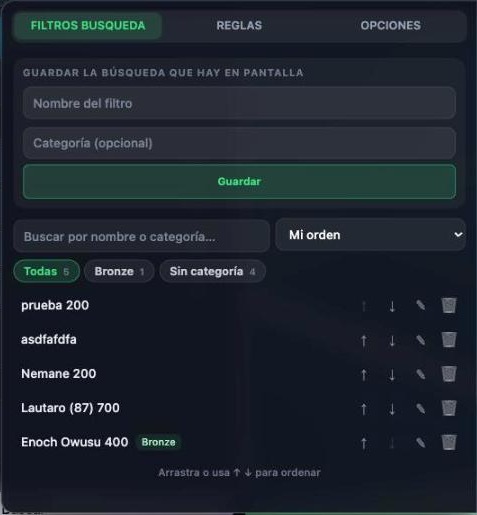 Lista de filtros guardados