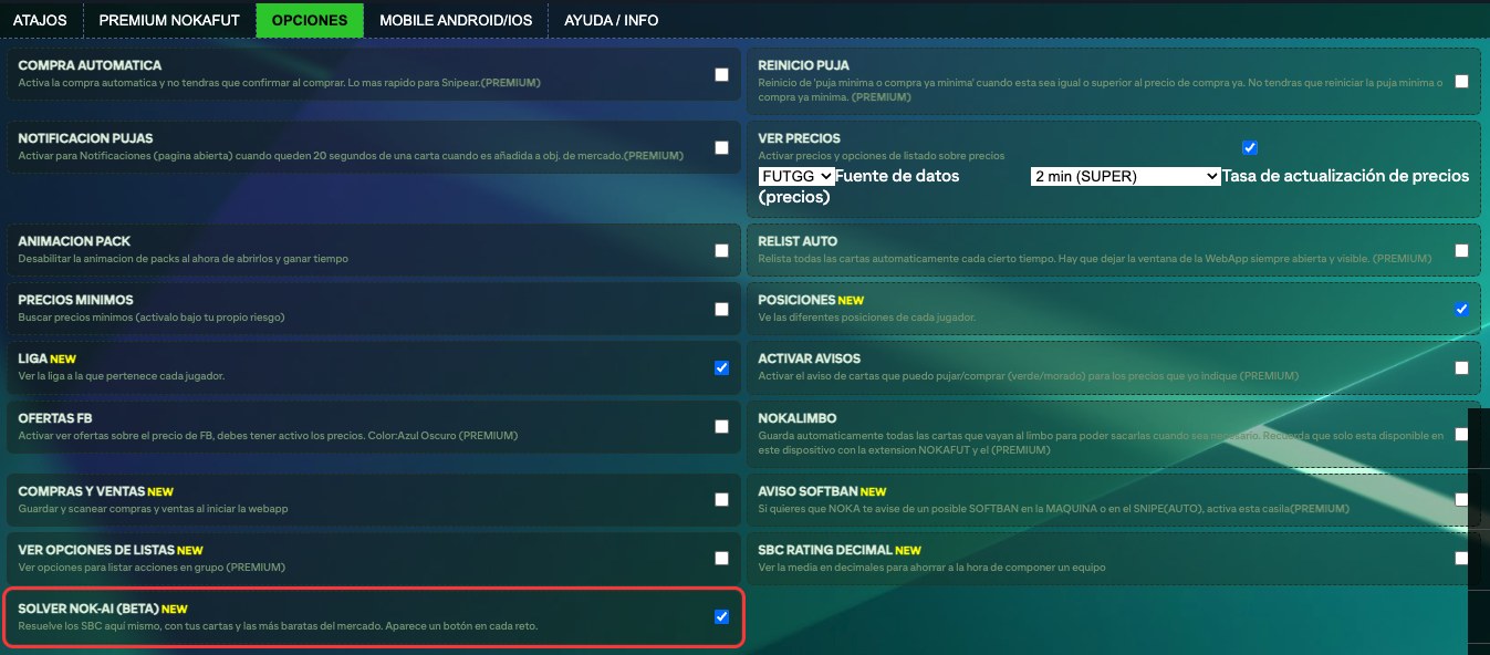 Activar el Solver NOK-AI en las opciones de Noka
